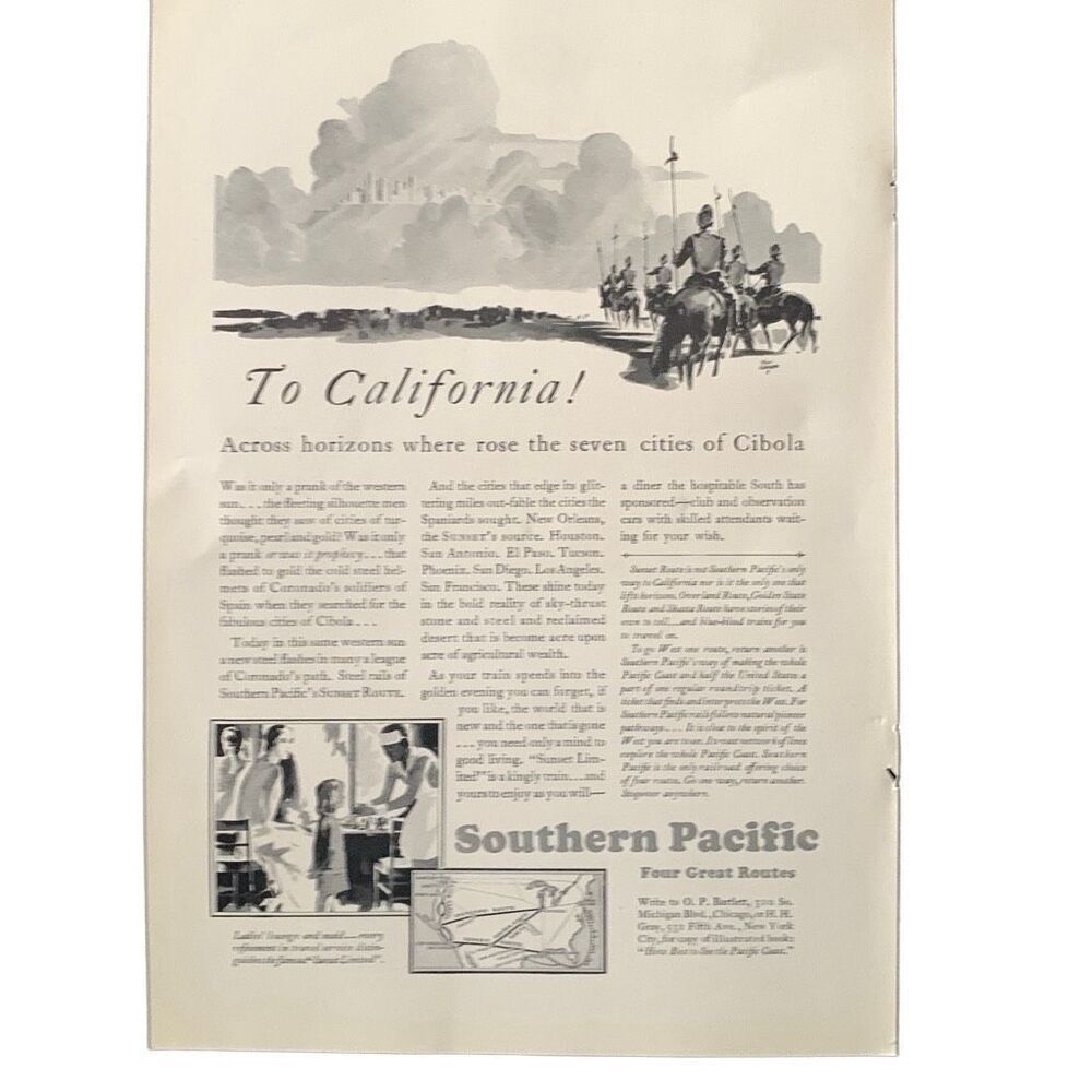Vintage 1930 Southern Pacific To California Ad Advertisement